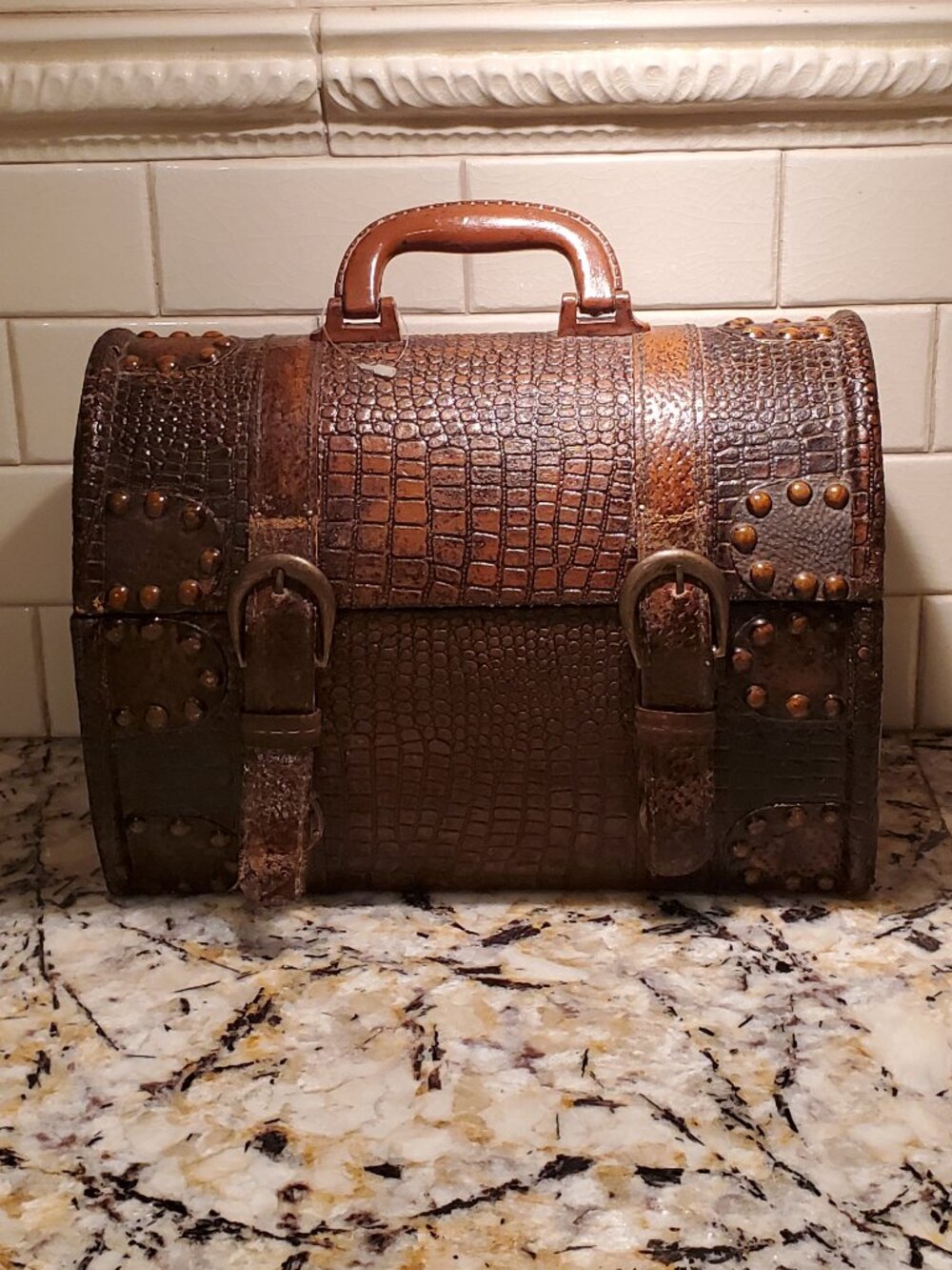 Wooden Treasure Chest Decorative Storage Box Faux Leather 11X8X6 Hinged + Handle